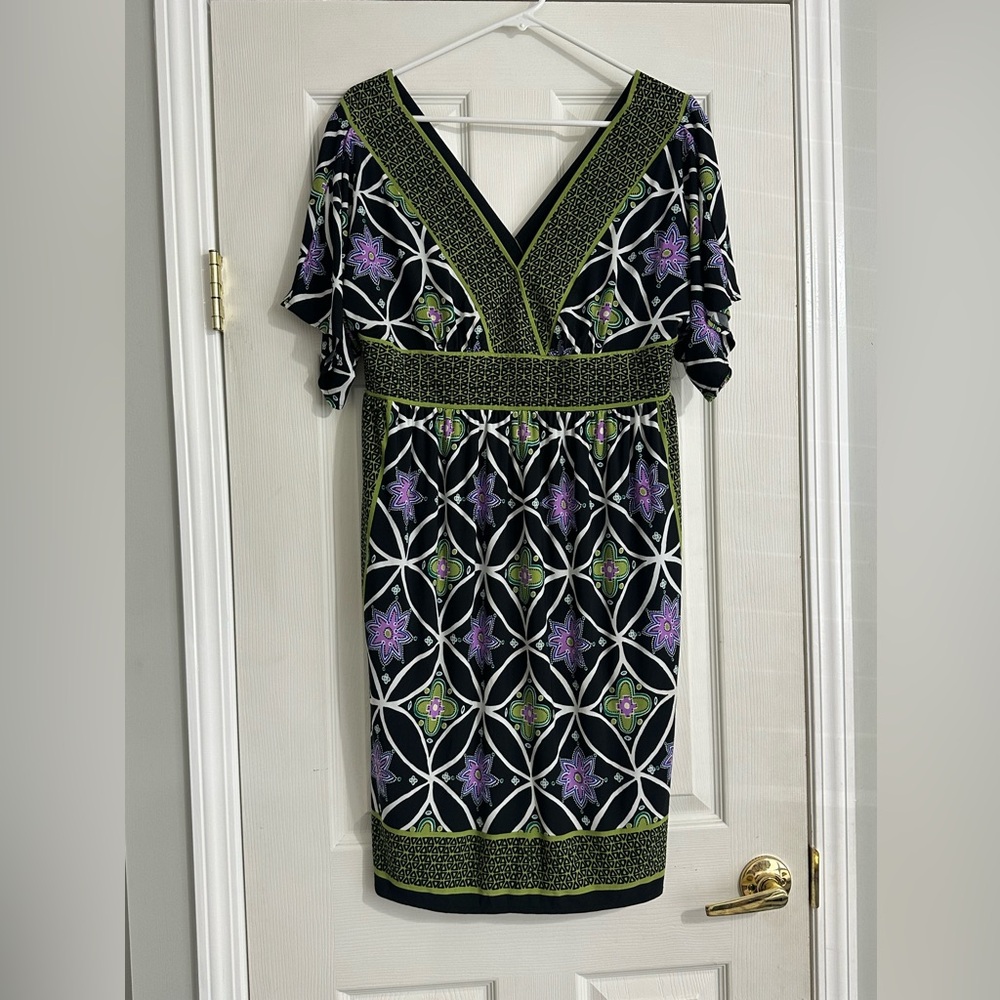 Floral Geometric V‑Neck Dress in Black, Green & Purple Like Farm Rio